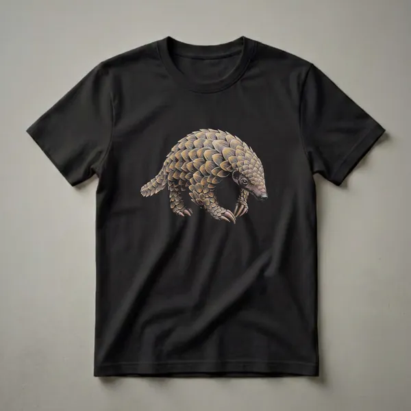A detailed drawing of a pangolin with brown and gold scales, sharp claws, and a pointed snout, set against a plain black background.