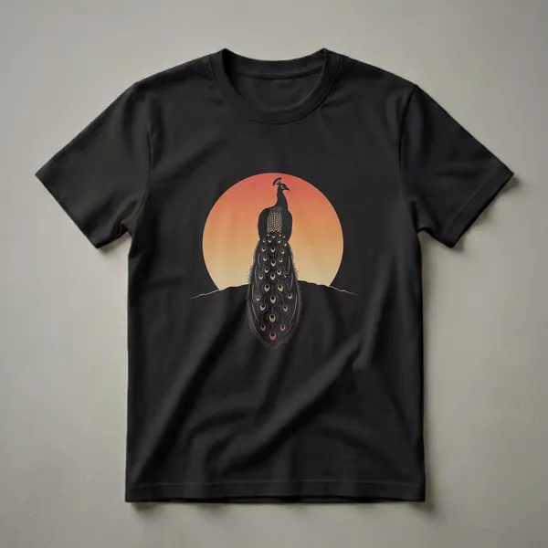 Black t-shirt with a silhouette of a peacock with fanned tail feathers against a gradient orange and yellow sunset circle.