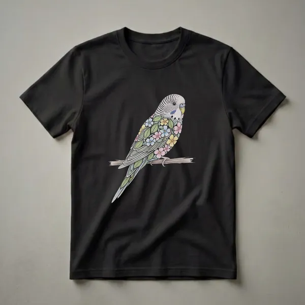 A white t-shirt featuring a detailed drawing of a parakeet perched on a branch, its body filled with colorful flowers and green leaves against a black background.