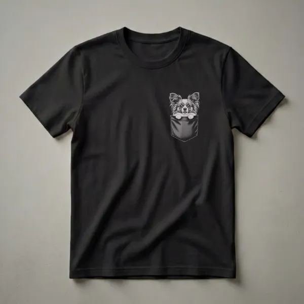 Black graphic t-shirt featuring a detailed black and white drawing of a Papillon dog peeking out of a faux leather pocket.