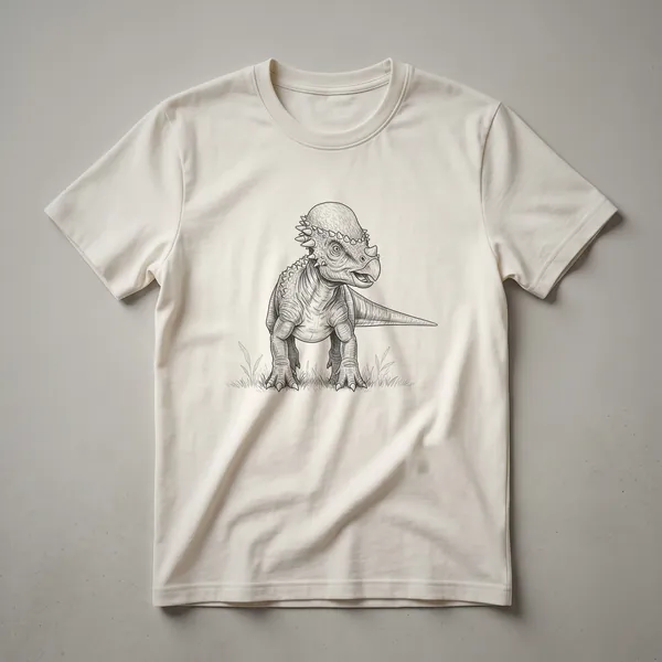 Black and white line art drawing of a Pachycephalosaurus dinosaur standing in grass, depicted on a t-shirt.