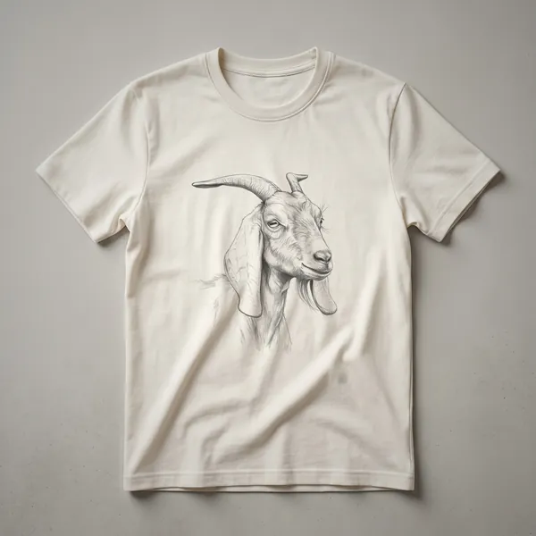 A vintage line drawing of a Nubian goat's head, featuring long ears and curved horns, presented on a dark t-shirt.