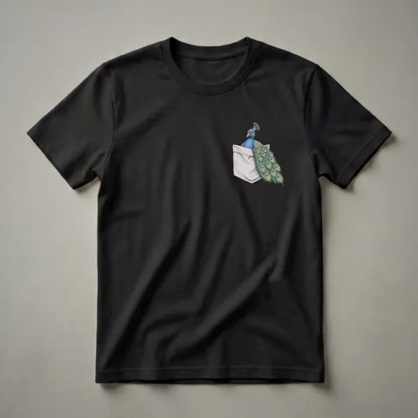 Black t-shirt featuring a detailed drawing of a peacock with blue and green feathers peeking out of a sketched grey pocket.