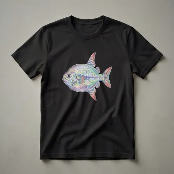A graphic t-shirt featuring a colored pencil drawing of a single Opah fish with a rainbow iridescent body and circular markings, set against a black background.