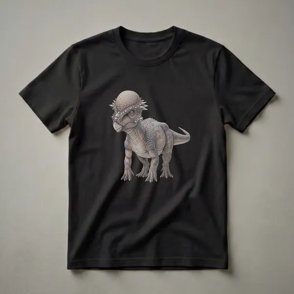 A detailed drawing of a Pachycephalosaurus dinosaur with a domed skull and spiky frill, depicted in shades of grey and brown against a black background.