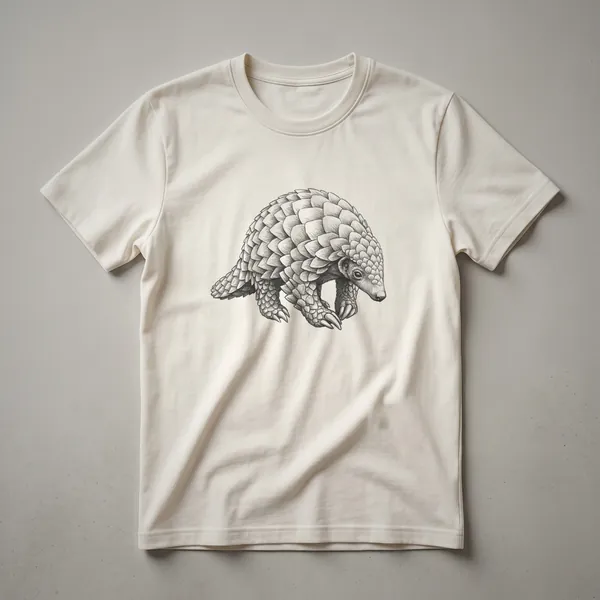 A black and white line drawing of a pangolin, showcasing its scales and claws, printed on a black t-shirt.