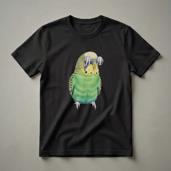 A green and yellow parakeet wearing round, reflective sunglasses, depicted in a detailed drawing style against a black background.