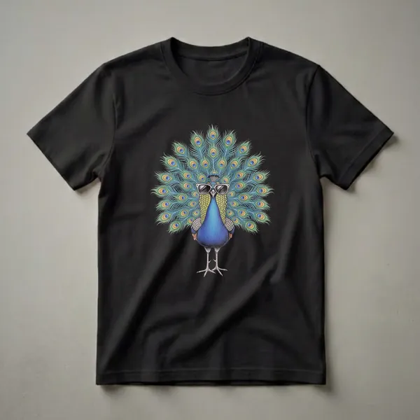 Black t-shirt featuring a detailed drawing of a peacock with its tail feathers fanned out, wearing cool sunglasses.