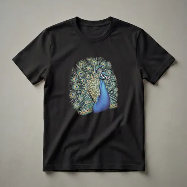 Black t-shirt with a detailed vintage drawing of a peacock displaying its fanned tail feathers in shades of blue, green, and gold.