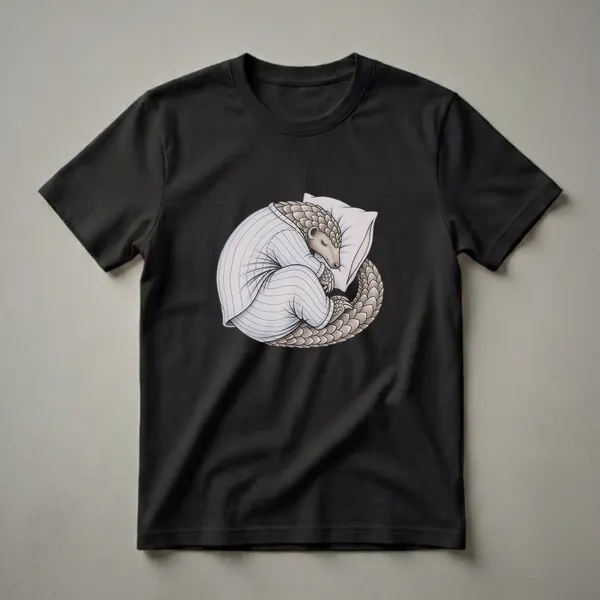 A drawing of a pangolin wearing blue striped pajamas and sleeping on a white pillow, on a black background.