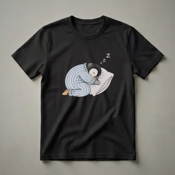A black and white penguin wearing blue and white striped pajamas is sleeping curled up on a white pillow, with 'Zzz' symbols floating above. The artwork is a drawing.