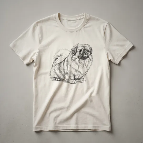 Black t-shirt with a white line drawing sketch of a Pekingese dog in profile, showing its face and body.