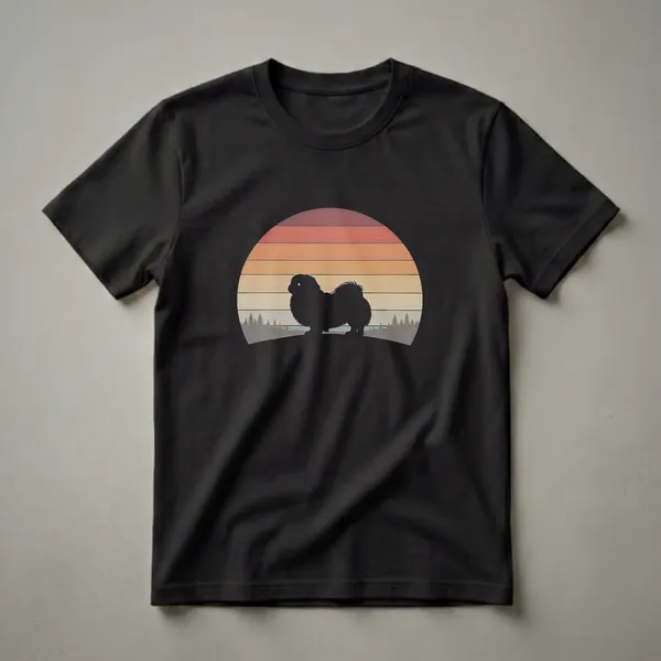 Black silhouette of a Pekingese dog standing in front of a vintage sunset with striped colors and a pine tree forest landscape below.