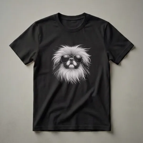 Black and white graphic t-shirt featuring a Pekingese dog wearing aviator sunglasses, with a detailed drawing of its fluffy mane and face.