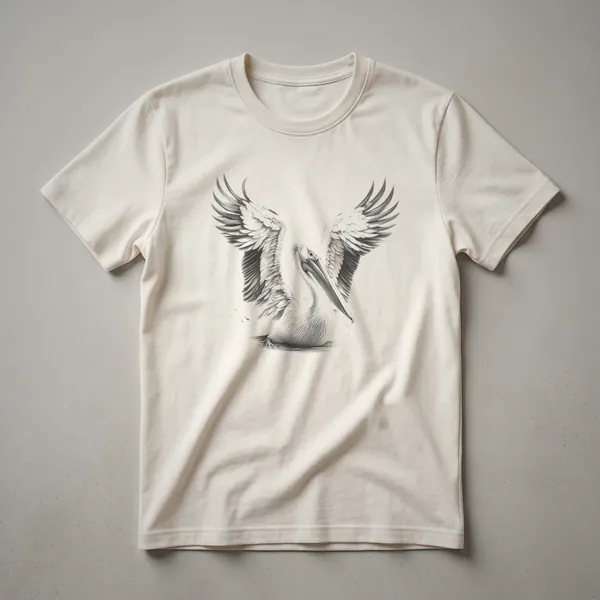 A black and white graphic t-shirt featuring a vintage sketch of a pelican with its wings spread wide, showcasing intricate feather details.