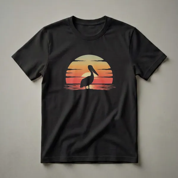 Black pelican silhouette standing on a shore with a textured sunset featuring bands of orange, yellow, and green in the background.