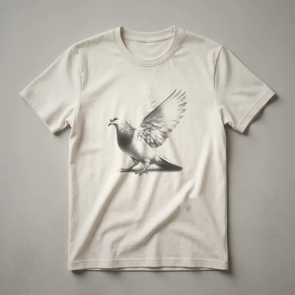 Black line drawing of a pigeon in flight on a black t-shirt, showcasing detailed feather and wing patterns.