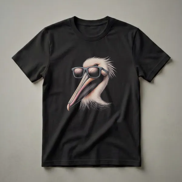 Black t-shirt featuring a detailed vintage drawing of a pelican's head wearing dark sunglasses, set against a black background.