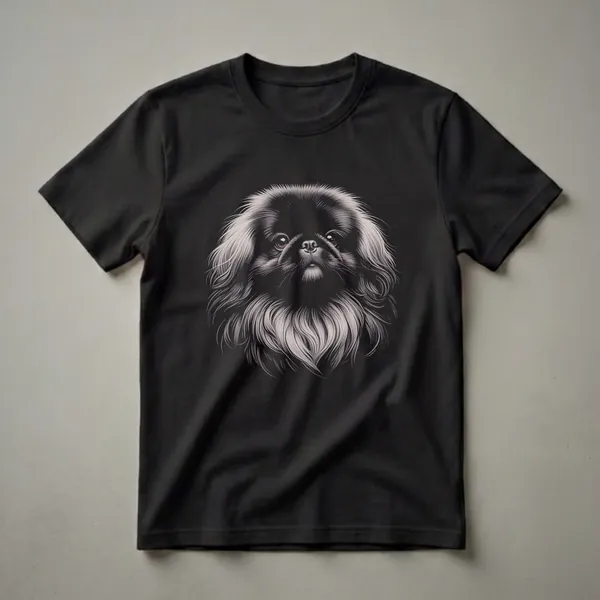 Black t-shirt featuring a detailed monochromatic drawing of a Pekingese dog's face with flowing white and grey fur and dark eyes.
