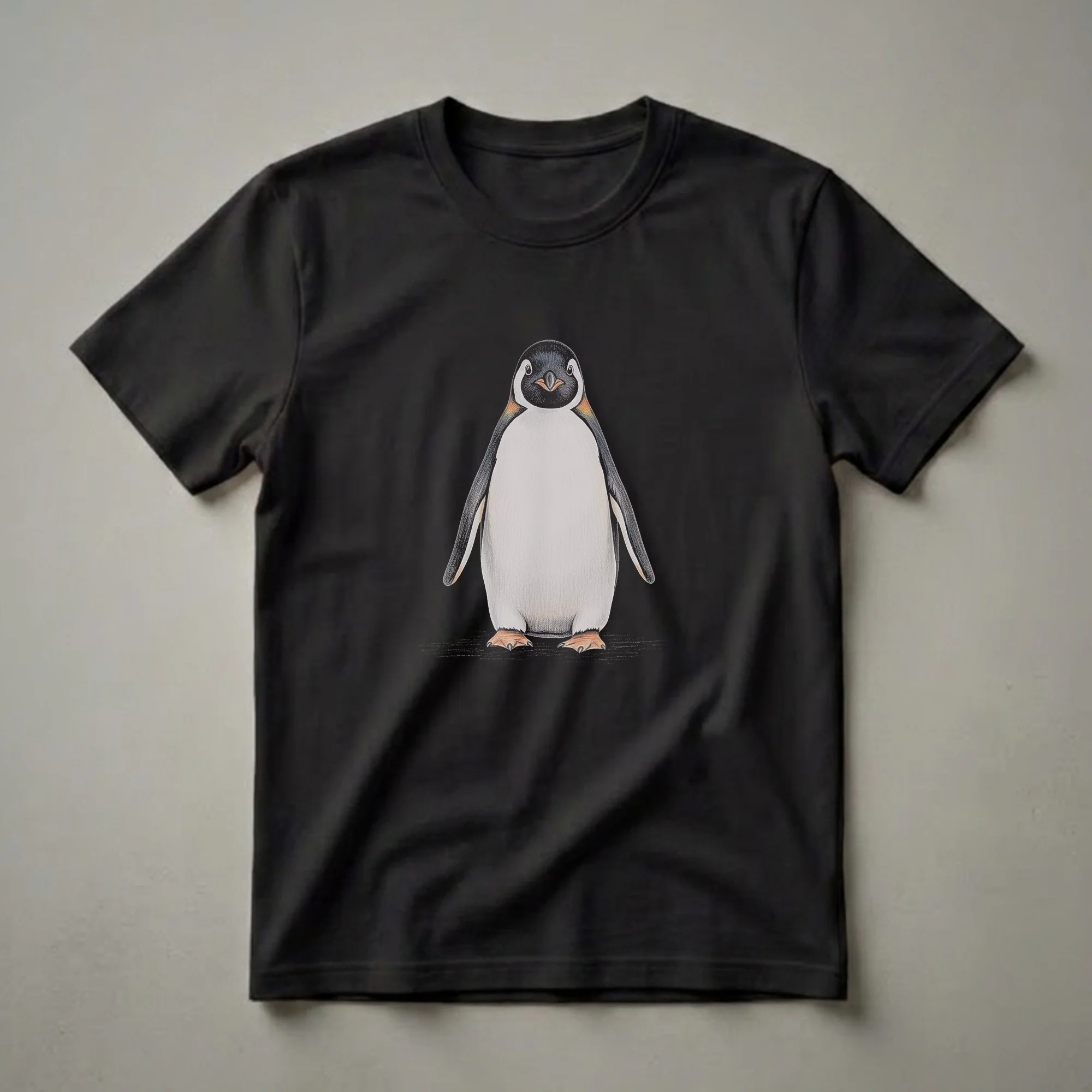 Black t-shirt with a naturalist colored-pencil illustration of an Emperor Penguin standing upright showing white belly, black back, and orange-gold cheek patches.