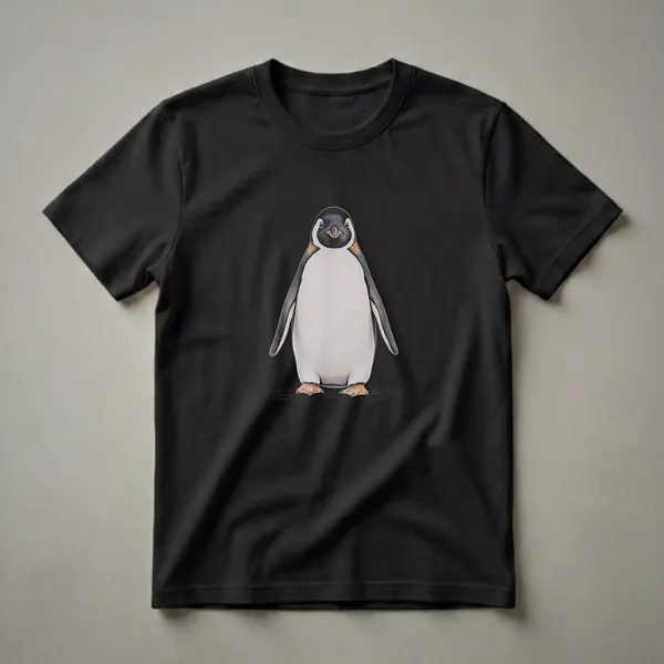 Black t-shirt with a naturalist colored-pencil illustration of an Emperor Penguin standing upright showing white belly, black back, and orange-gold cheek patches.