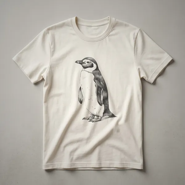 Black and white vintage drawing of a penguin standing on its feet, depicted on a dark t-shirt.