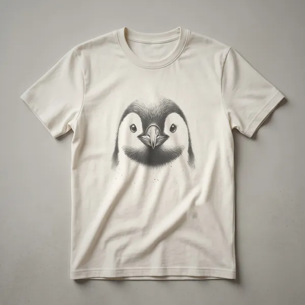 A black and white pencil sketch of a penguin's face, featuring detailed feather texture and expressive eyes, printed on a t-shirt.