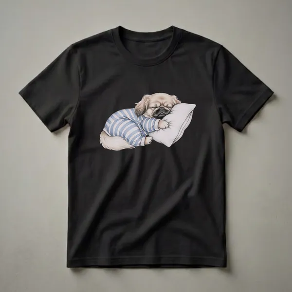 A light brown Pekingese dog wearing blue and white striped pajamas is sleeping soundly on a white pillow, depicted in a pencil drawing style on a black background.