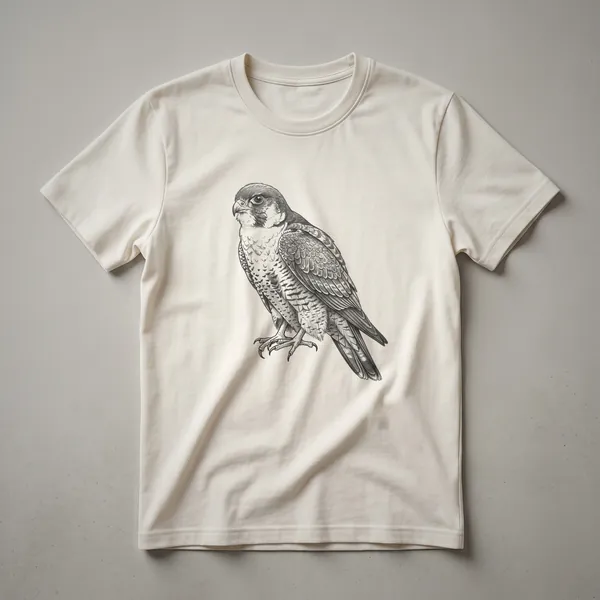 A black and white line drawing of a peregrine falcon, shown in profile with detailed feathers and talons, printed on a dark t-shirt.