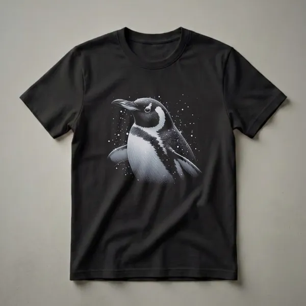 Black t-shirt with a detailed monochromatic drawing of a penguin in profile, surrounded by scattered white dots.