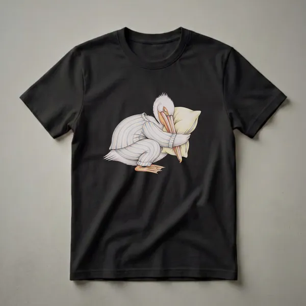 White and grey pelican wearing blue and tan striped pajamas, sleeping soundly on a yellow pillow, depicted in a hand-drawn art style on a black background.