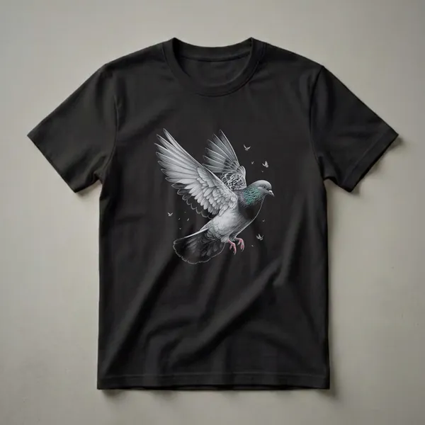 Black t-shirt with a detailed vintage drawing of a white and grey pigeon in flight, surrounded by smaller white birds.