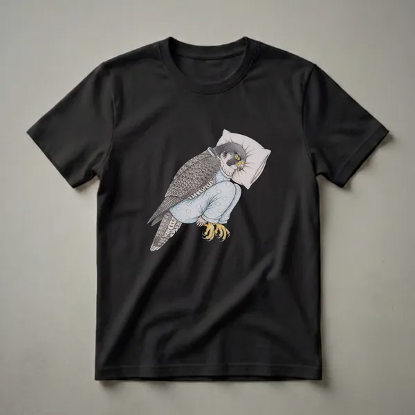 A graphic t-shirt featuring a drawing of a peregrine falcon wearing light blue cloud-patterned pajamas and sleeping on a white pillow against a black background.