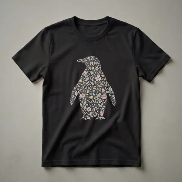 A black t-shirt featuring a penguin silhouette filled with a detailed vintage floral pattern in pink, yellow, and green.