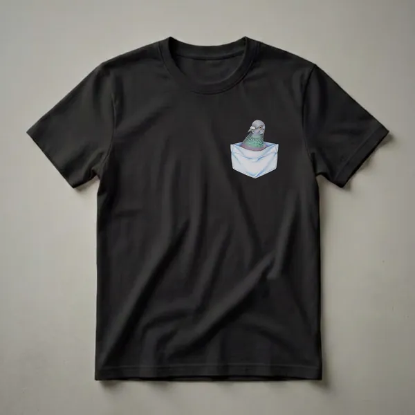 A detailed drawing of a pigeon with iridescent neck feathers peeking out of a light blue denim pocket, presented on a black background.