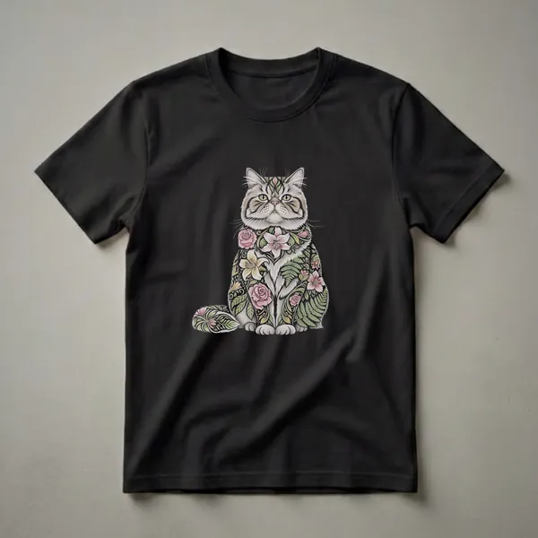 A white and grey Persian cat graphic t-shirt adorned with pink roses, lilies, and green ferns, set against a black background.