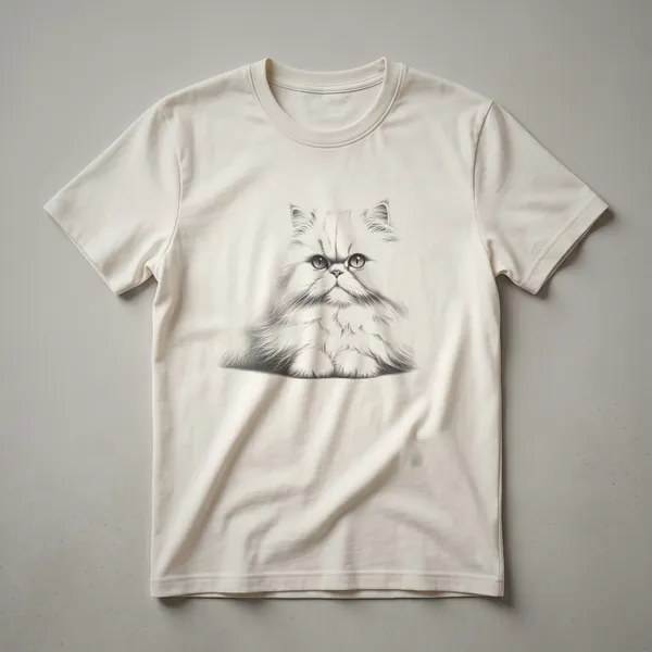 Black and white sketch of a Persian cat's face with large eyes and fluffy fur, printed on a black t-shirt.