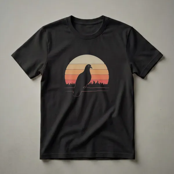 Black silhouette of a pigeon perched in front of a retro sunset with orange and cream stripes and a city skyline at the bottom.