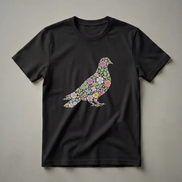 Black t-shirt featuring a pigeon silhouette filled with colorful flowers like roses and daisies, and green leaves.