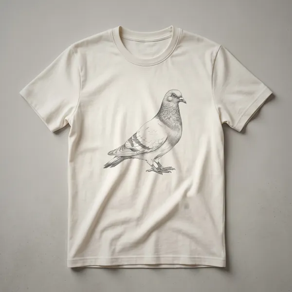 Black line drawing of a pigeon on a white t-shirt, showcasing its profile and feathered details.
