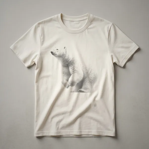 Black and white sketch of a polar bear on a white t-shirt, depicting the animal in profile with detailed linework.