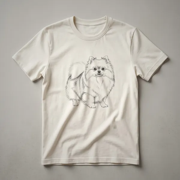 Black line drawing of a Pomeranian dog with a fluffy coat and alert expression on a white t-shirt.