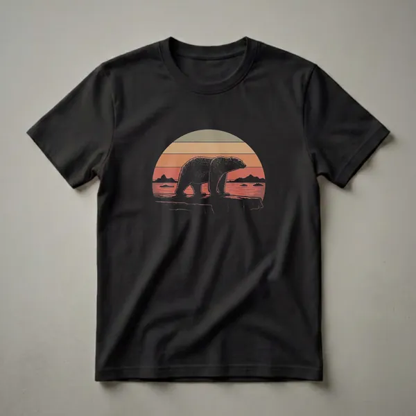 Black graphic t-shirt featuring a vintage drawing of a polar bear standing on a rocky shore against a retro sunset with orange, tan, and green stripes.