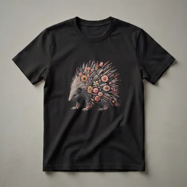 Black t-shirt featuring a detailed drawing of a porcupine whose body is composed of various colorful flowers, leaves, and dried grasses.