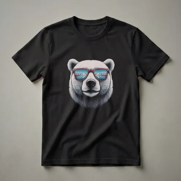 White polar bear wearing red sunglasses with a reflection of icy mountains and water in the lenses, on a black background.