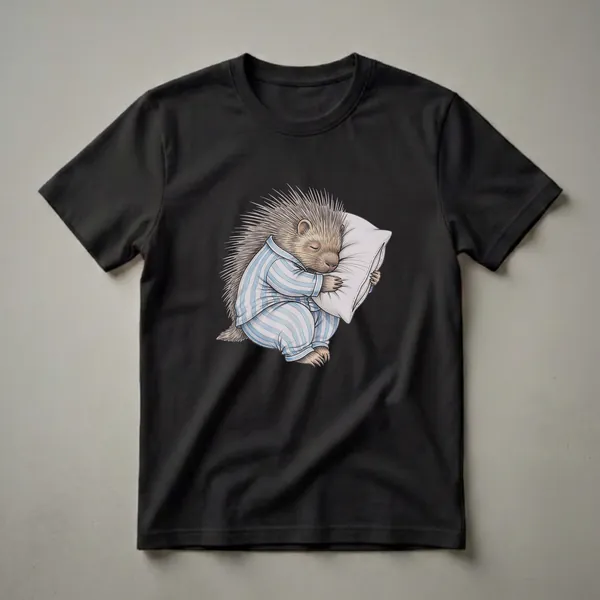 A white t-shirt featuring a detailed drawing of a porcupine wearing blue and white striped pajamas and sleeping while hugging a pillow.