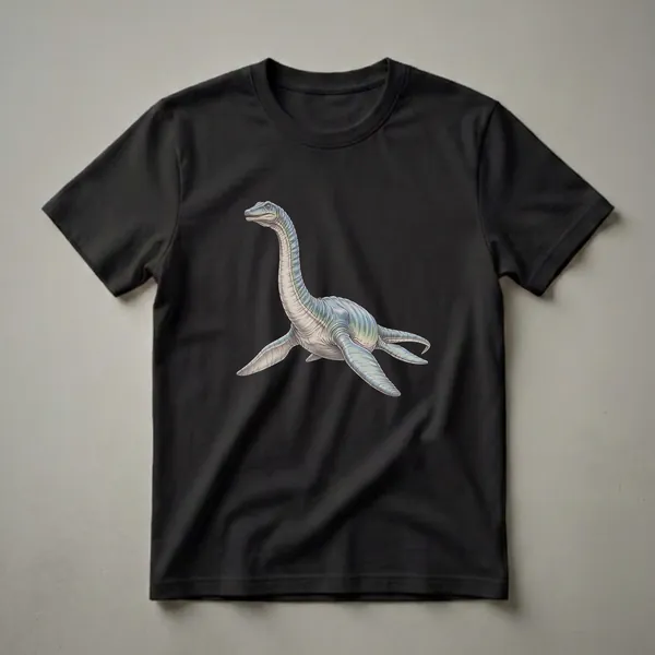 A vintage drawing of a plesiosaur, a long-necked marine reptile, depicted in blues and greens with black linework on a black background.