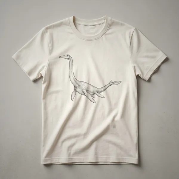 Black line drawing of a plesiosaur with a long neck and four flippers, depicted swimming on a white background.