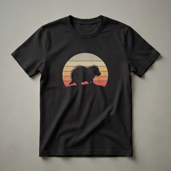 Black silhouette of a porcupine standing on a rocky surface against a retro sunset with horizontal stripes of cream, yellow, orange, and red.