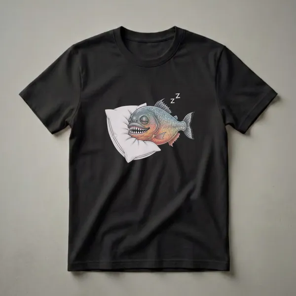 A piranha with its eyes closed and a wide, toothy grin is depicted sleeping on a white pillow, with 'Zz' symbols floating above it. The fish is colored in shades of blue, green, and orange.